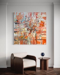 "Untitled" - Large Orange, Black, and Pink Contemporary Layered Abstract Artwork