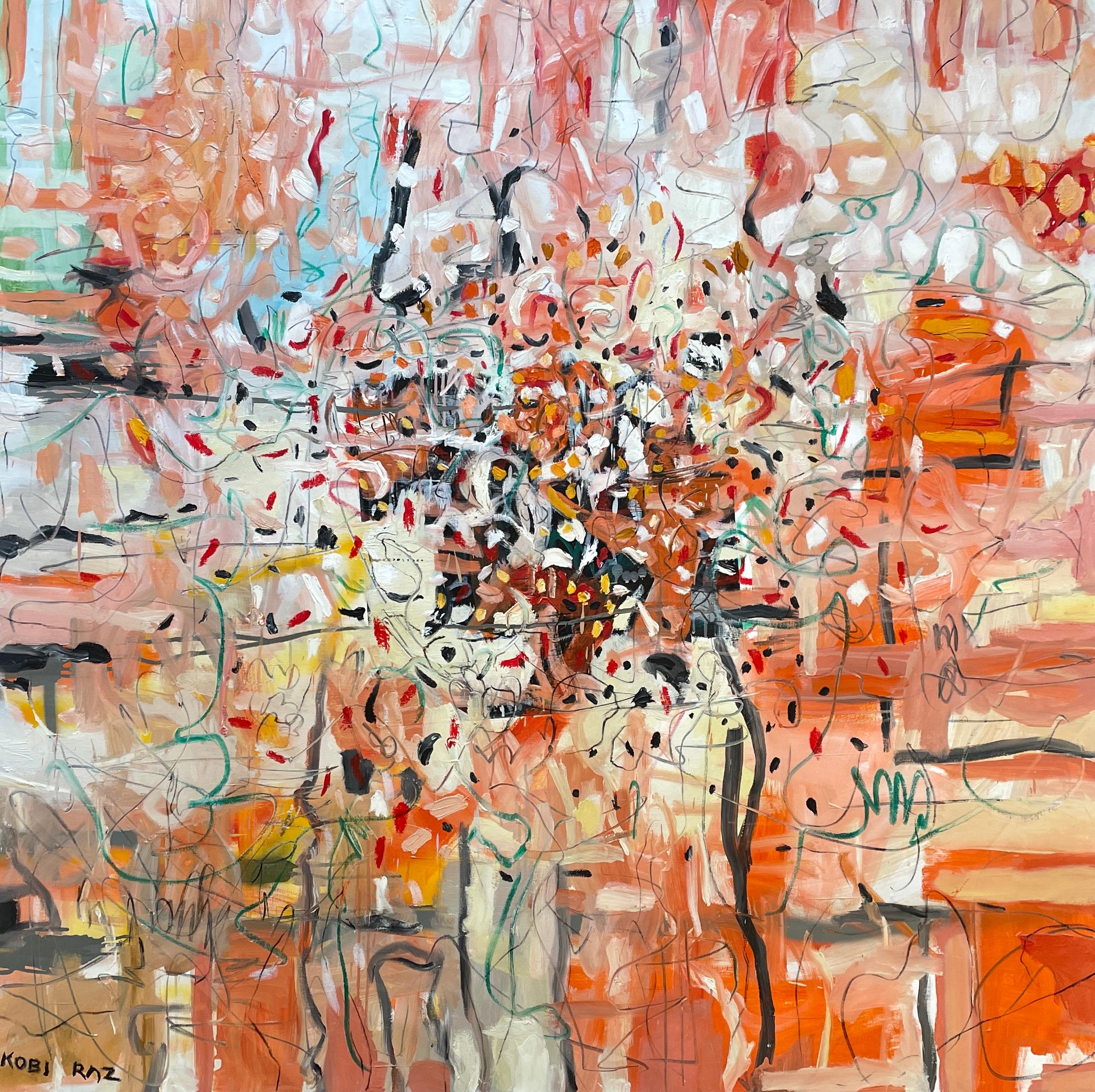 Kobi Raz (israeliano)
'Senza titolo' 2023
Pittura ad olio, tela, barella
L'artista ha firmato in basso a sinistra e sul retro del dipinto.

Questo olio astratto contemporaneo su tela di 59" x 59" dell'artista israeliano Kobi Raz è un'esaltante