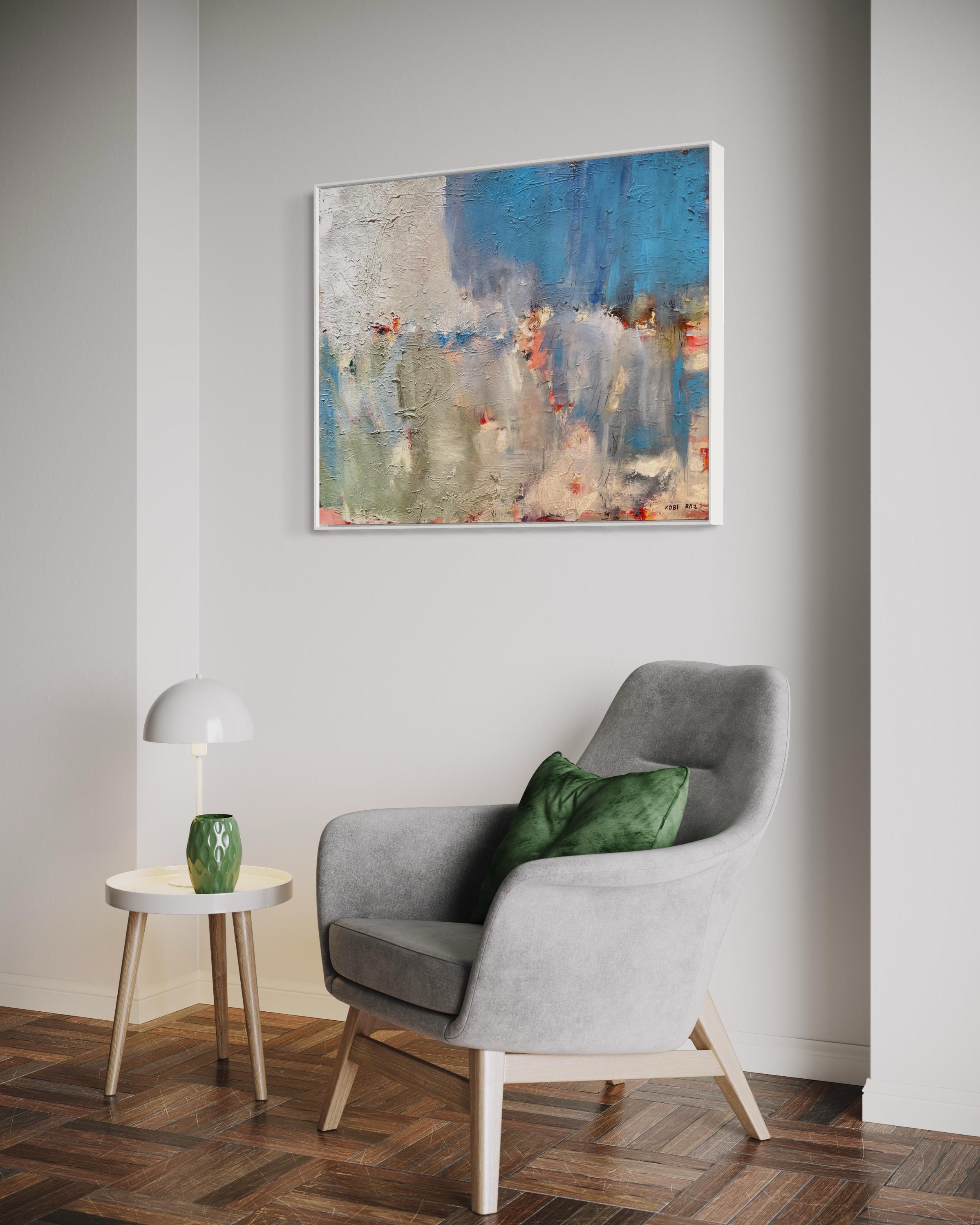 'Senza titolo' di Kobi Raz - Paesaggio astratto contemporaneo blu, bianco e rosa in vendita 9