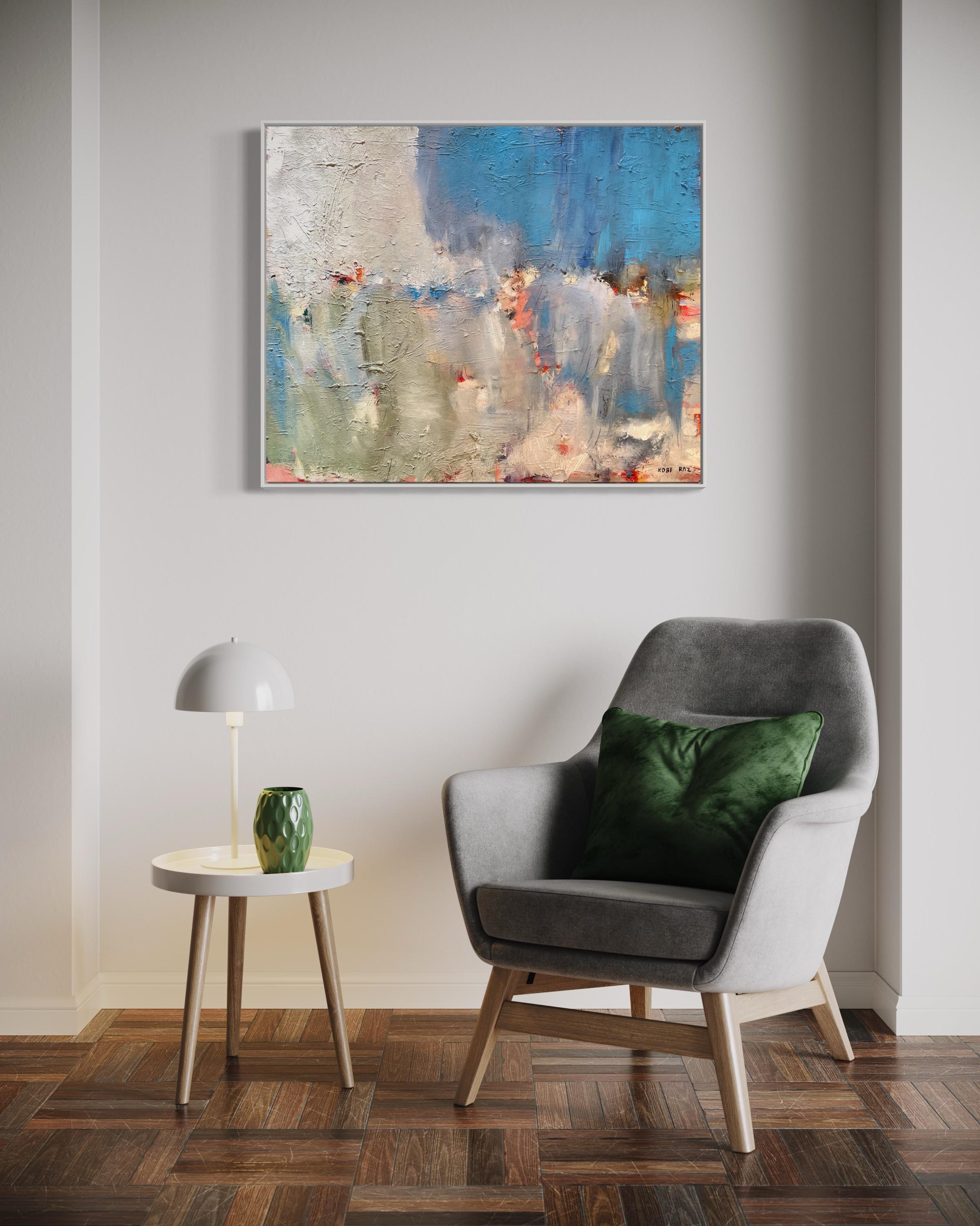 'Senza titolo' di Kobi Raz - Paesaggio astratto contemporaneo blu, bianco e rosa in vendita 1