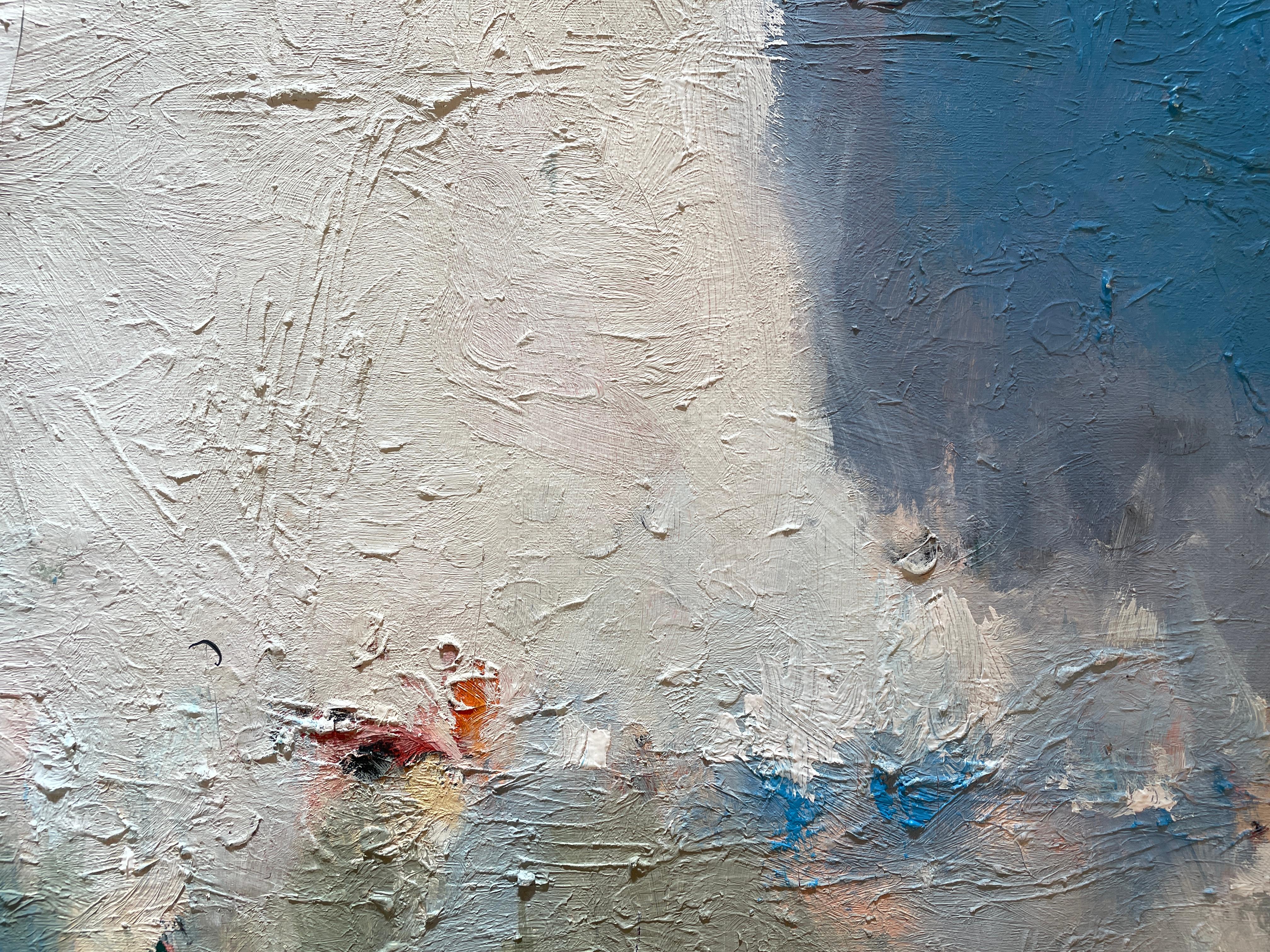 'Senza titolo' di Kobi Raz - Paesaggio astratto contemporaneo blu, bianco e rosa in vendita 2
