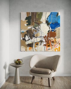 "Sin título" - Pintura al óleo contemporánea con textura abstracta en tonos azules y tierra