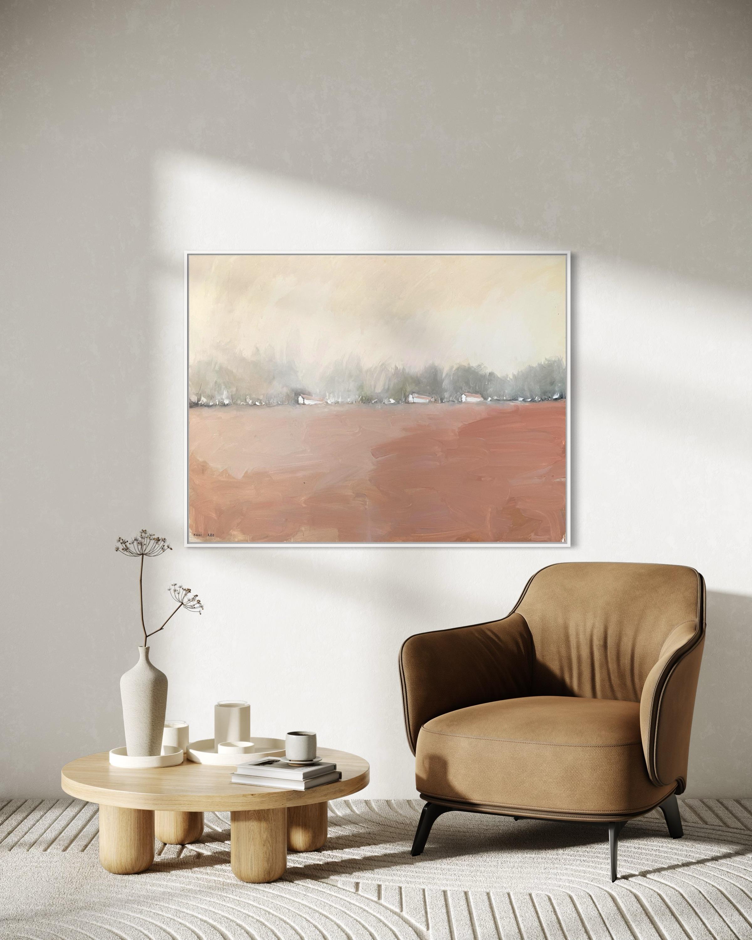« White Houses on the Hill » de Kobi Raz - Peinture de paysage de couleur blanche et terre en vente 1
