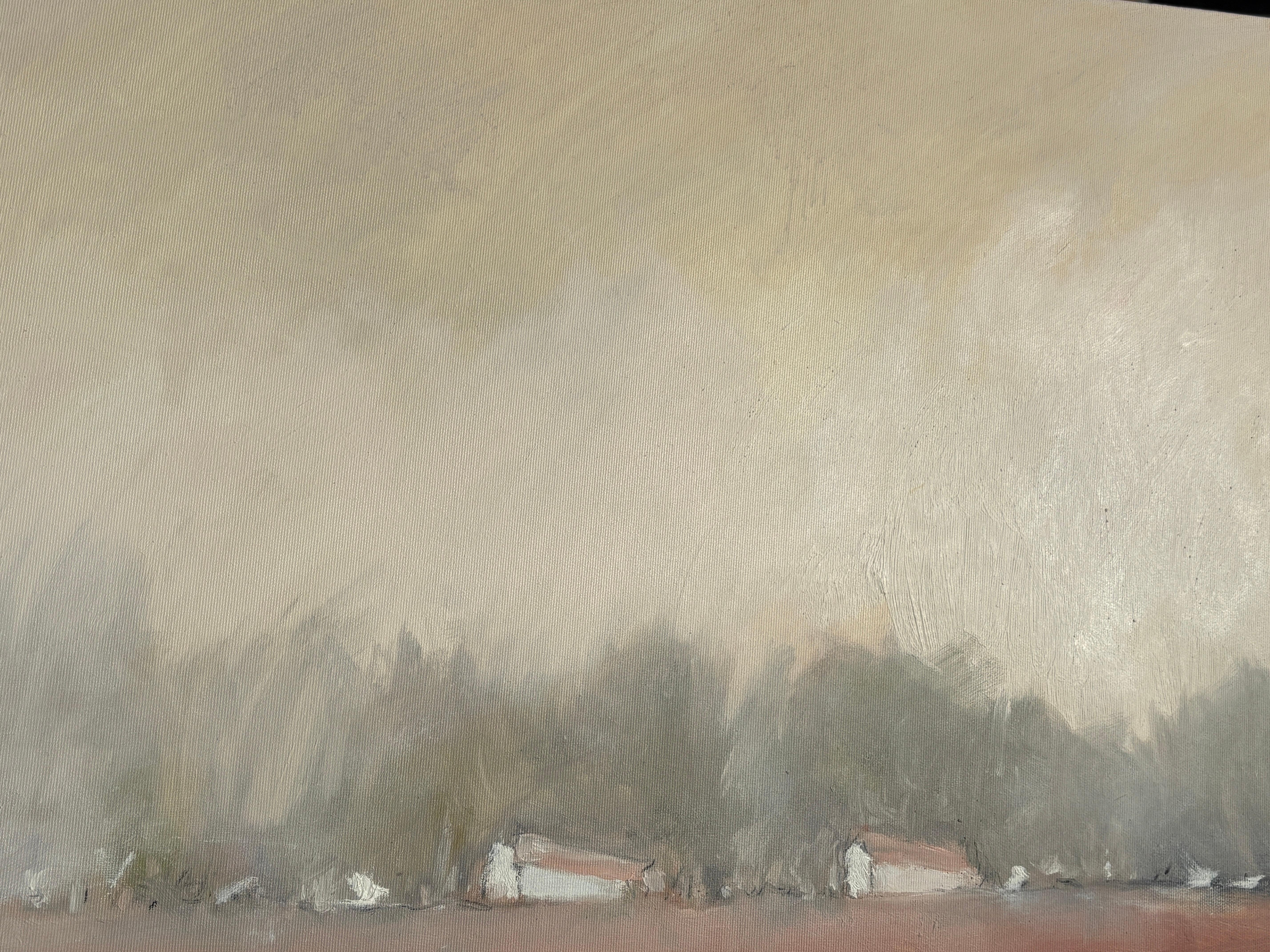 „Weiße Häuser auf dem Hügel“ von Kobi Raz – Weißes und erdfarbenes Landschaftsgemälde im Angebot 10