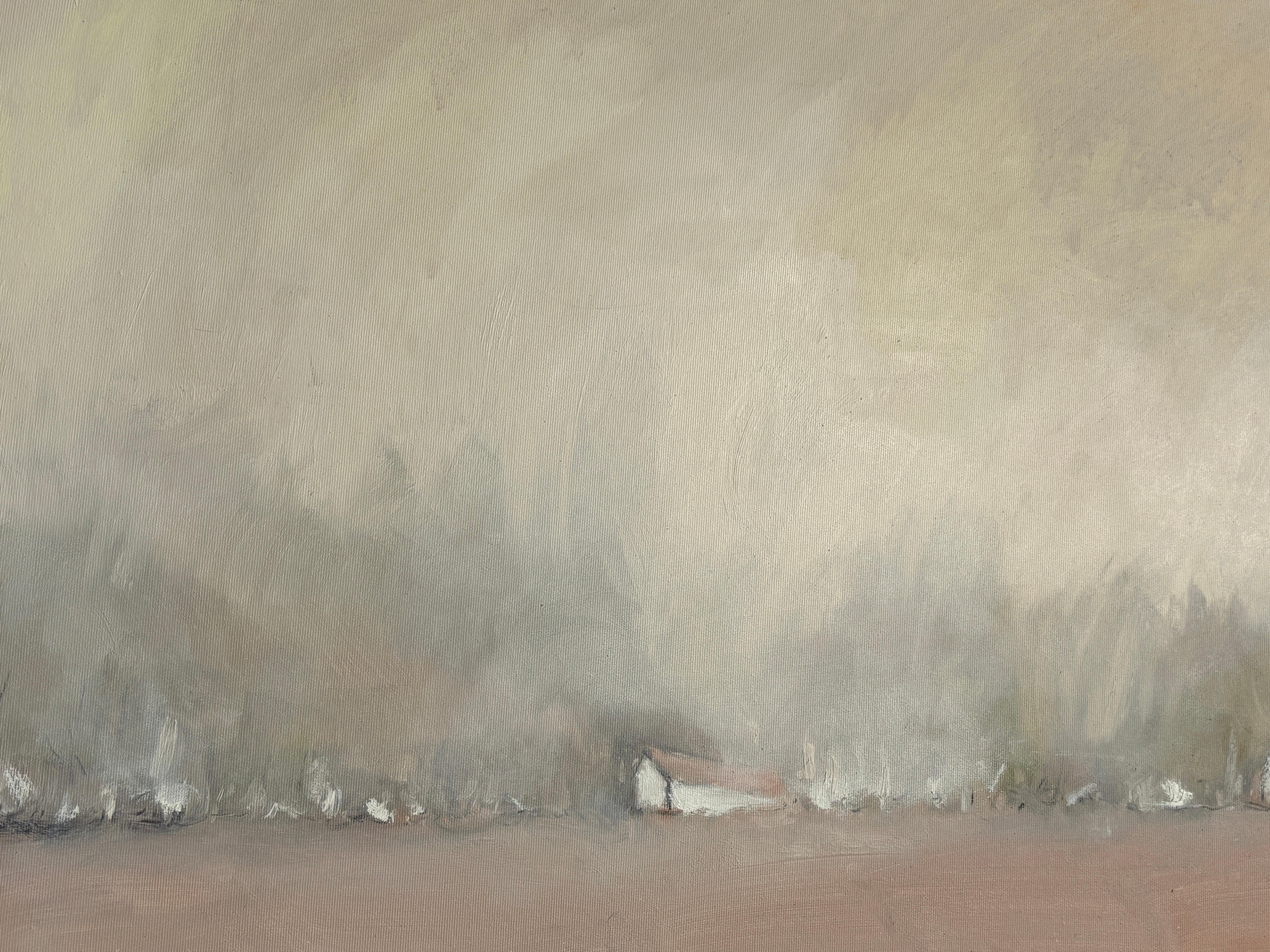 „Weiße Häuser auf dem Hügel“ von Kobi Raz – Weißes und erdfarbenes Landschaftsgemälde im Angebot 11