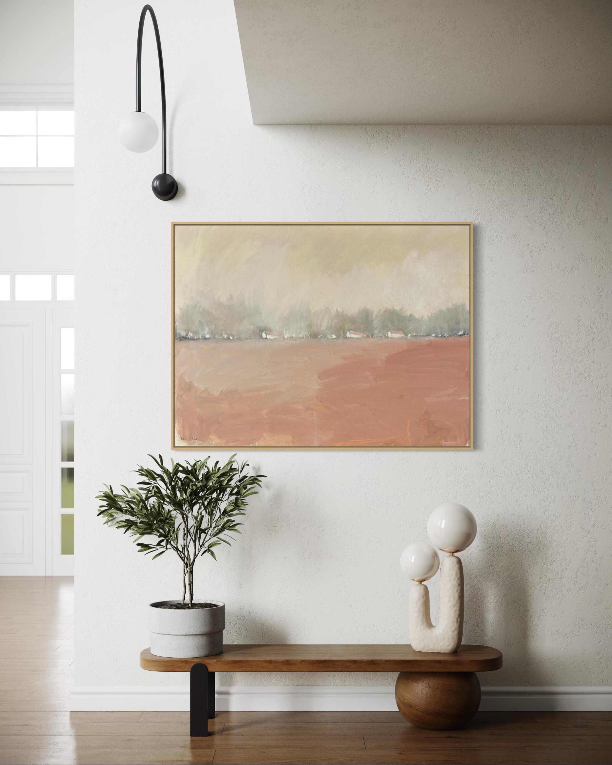 „Weiße Häuser auf dem Hügel“ von Kobi Raz – Weißes und erdfarbenes Landschaftsgemälde im Angebot 12