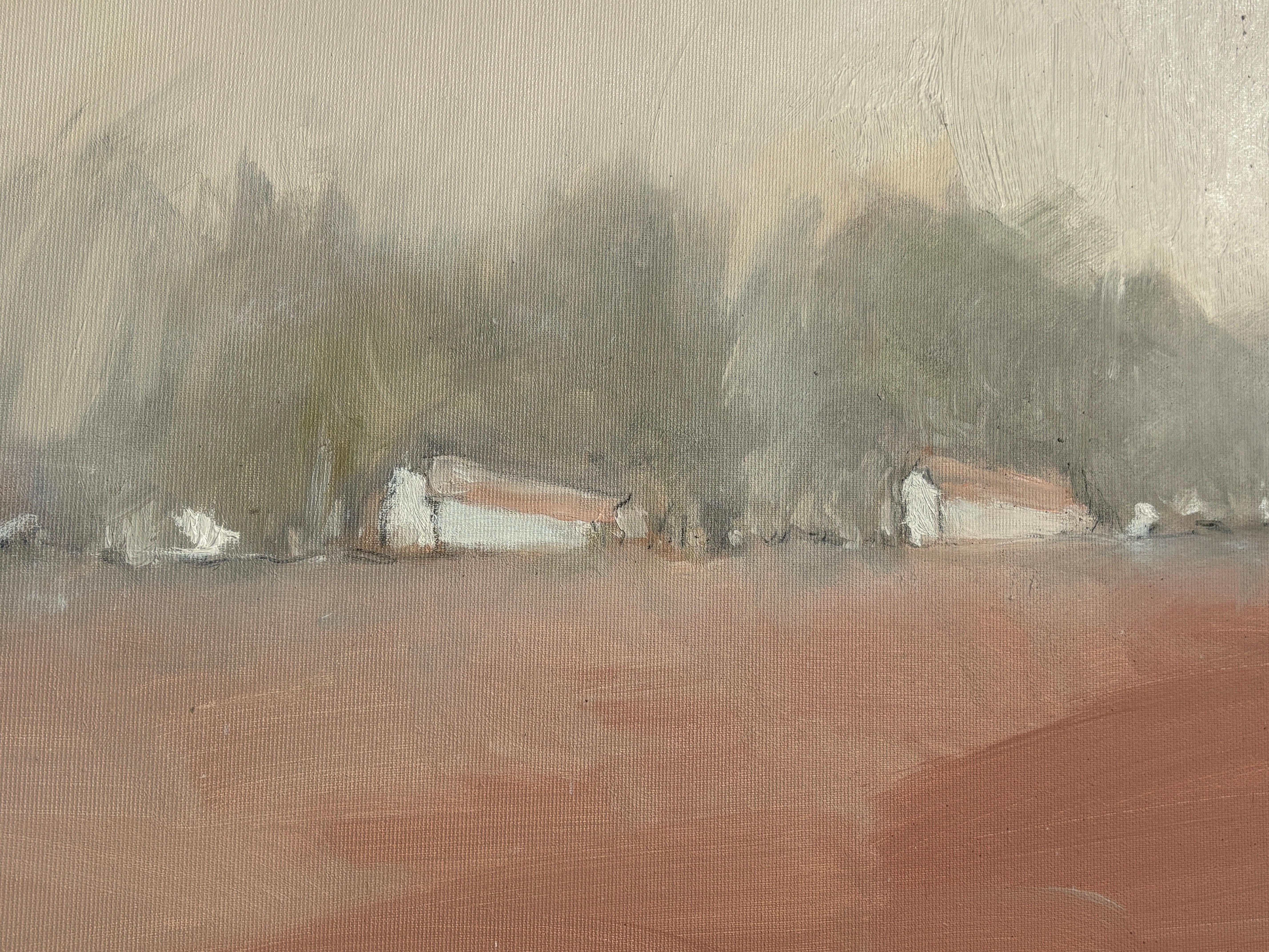 „Weiße Häuser auf dem Hügel“ von Kobi Raz – Weißes und erdfarbenes Landschaftsgemälde im Angebot 3