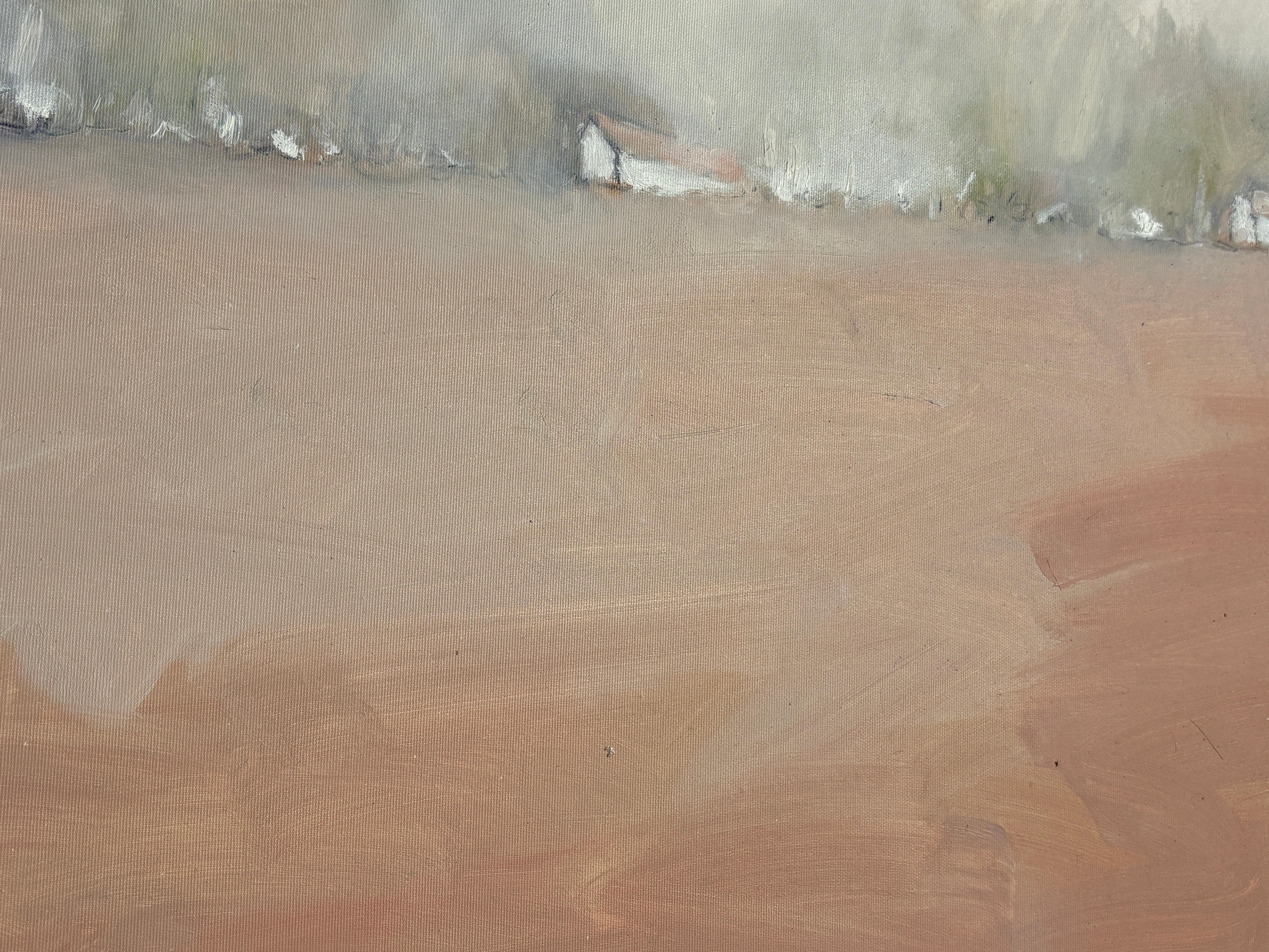 „Weiße Häuser auf dem Hügel“ von Kobi Raz – Weißes und erdfarbenes Landschaftsgemälde im Angebot 7