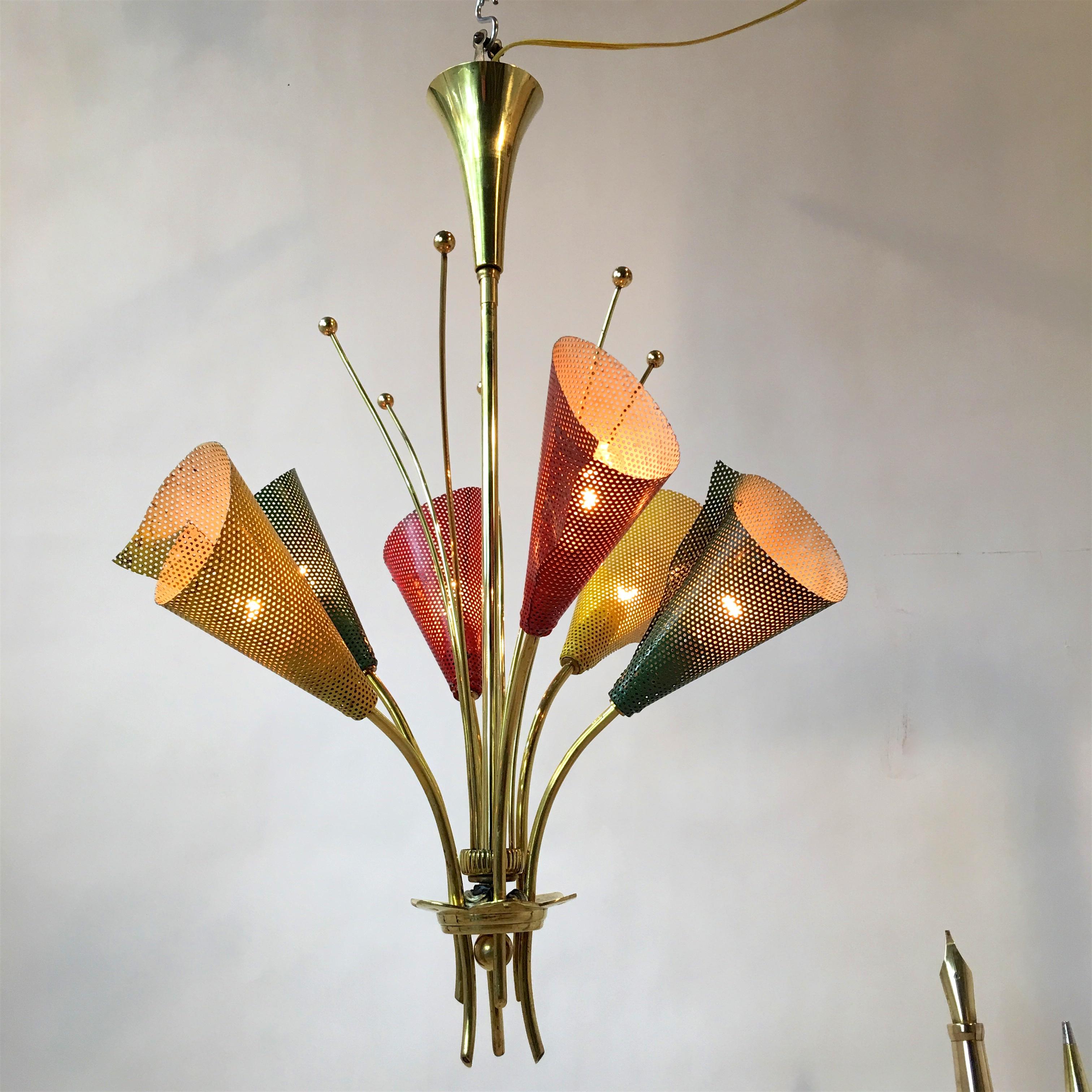 1950s French chandelier by Kobis et Lorence in the form of a bouquet of flowers with six curved brass arms and color green, yellow and red enameled perforated metal cones and original brass trumpet canopy.

Chandelier has been rewired and tested.