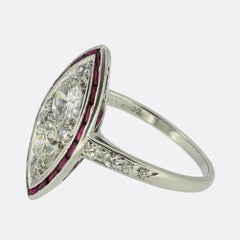 Kobrin Bros. Art Deco Ruby and Diamond Navette Ring