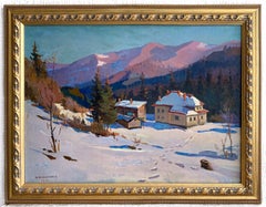 Vintage Oil Canvas Painting Winter Sunset Mountains Framed Landscape Kobylenkov