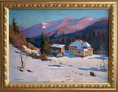 Vintage Oil Canvas Painting Winter Sunset Mountains Framed Landscape Kobylenkov