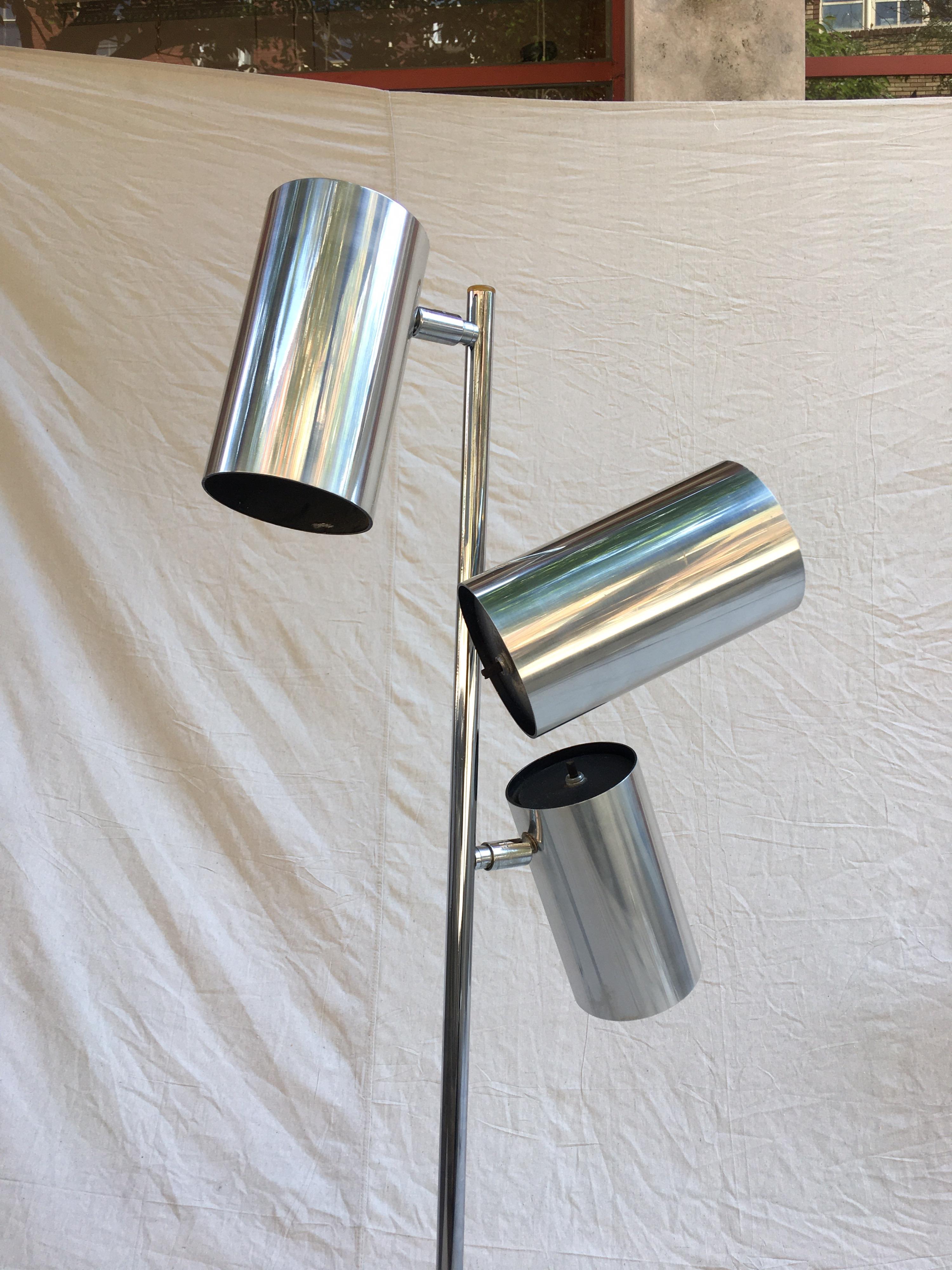 Kock and Lowy #-shade floor lamp, chrome base and pole with aluminum shades. All shades have a turn switch at top. Shades pivot in many directions to allow for lighting versatility!
