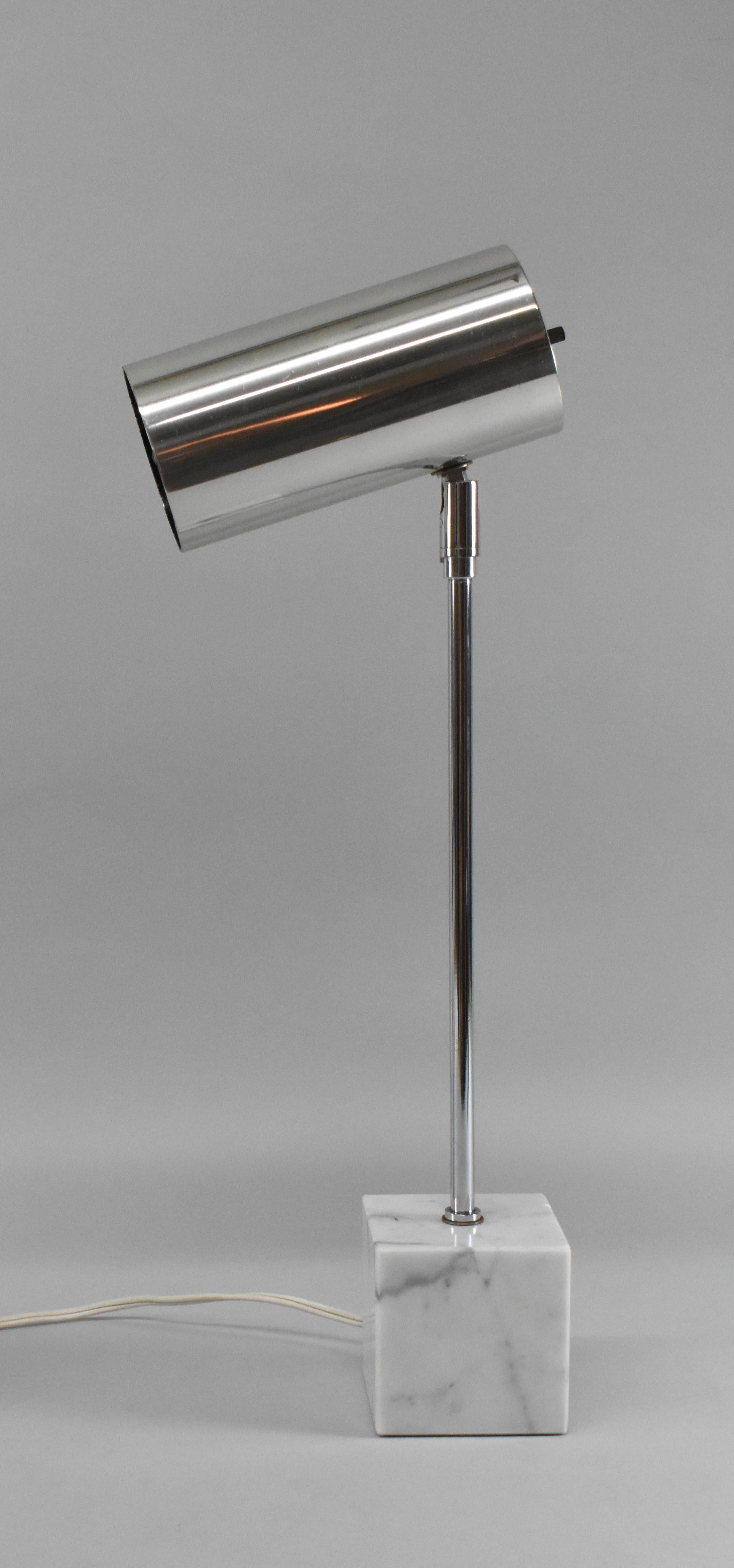 Koch Lowey Arco style chrome and marble table lamp. Neal Small design that swivels and adjusts.  