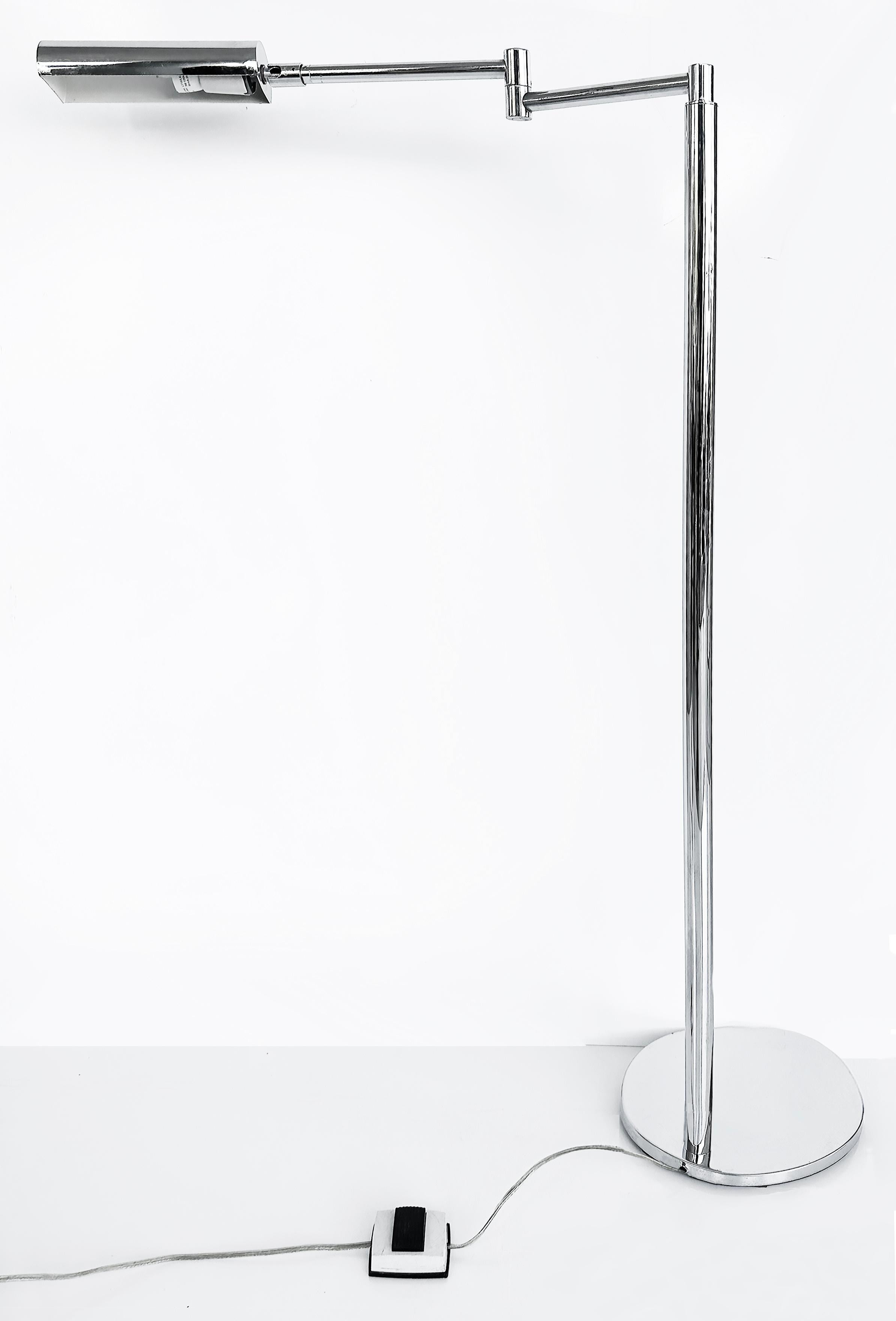 Koch & Lowy Adjustable Swing Arm Chrome Floor Lamp OMI, 1960s

Offered for sale is a chrome swing arm adjustable floor lamp manufactured by Koch & Lowy circa 1960s.  This floor lamp has a single standard porcelain socket and an in-line switch on the