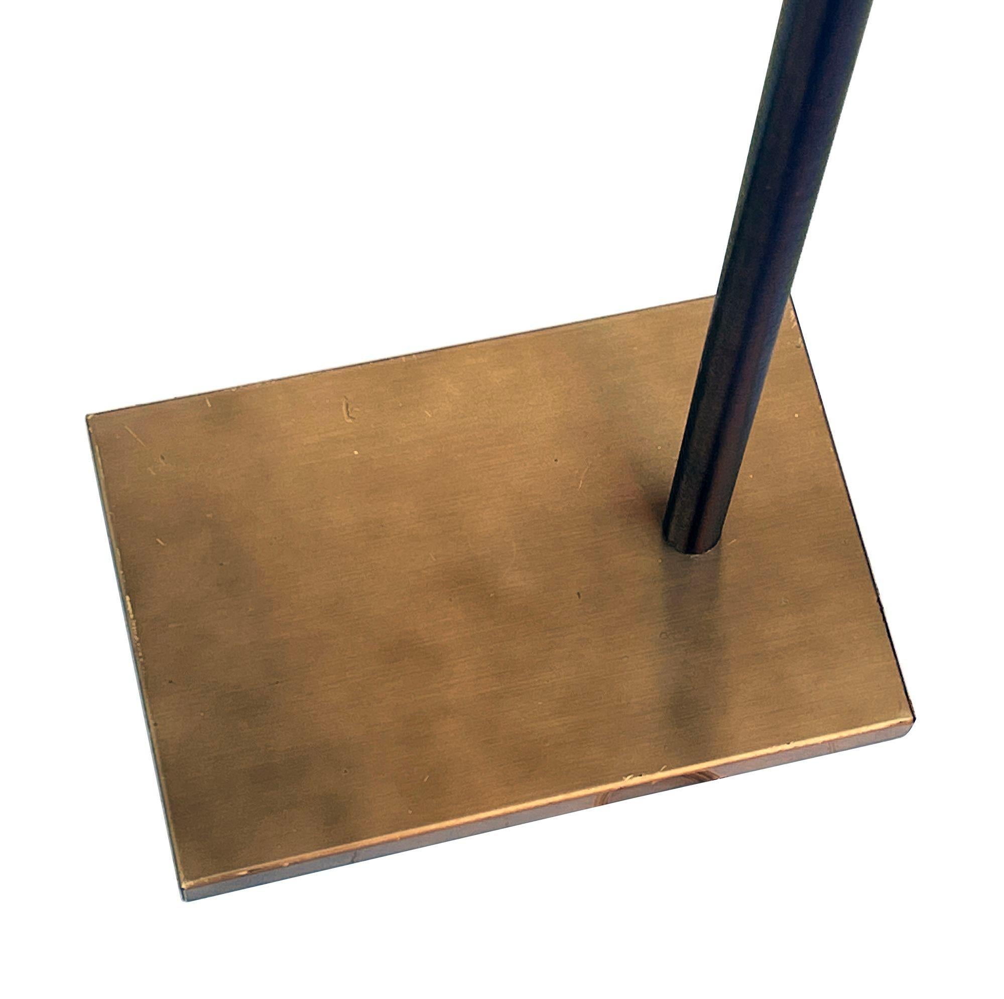 USA, 1980s
Koch + Lowy adjustable floor lamp in antique brass finish. Weighted base, highly adjustable classic library lamp.
The lamp adjusts in height from about 37” to 45” H. The shade pivots to direct the light where desired; lamp has a dimmer,