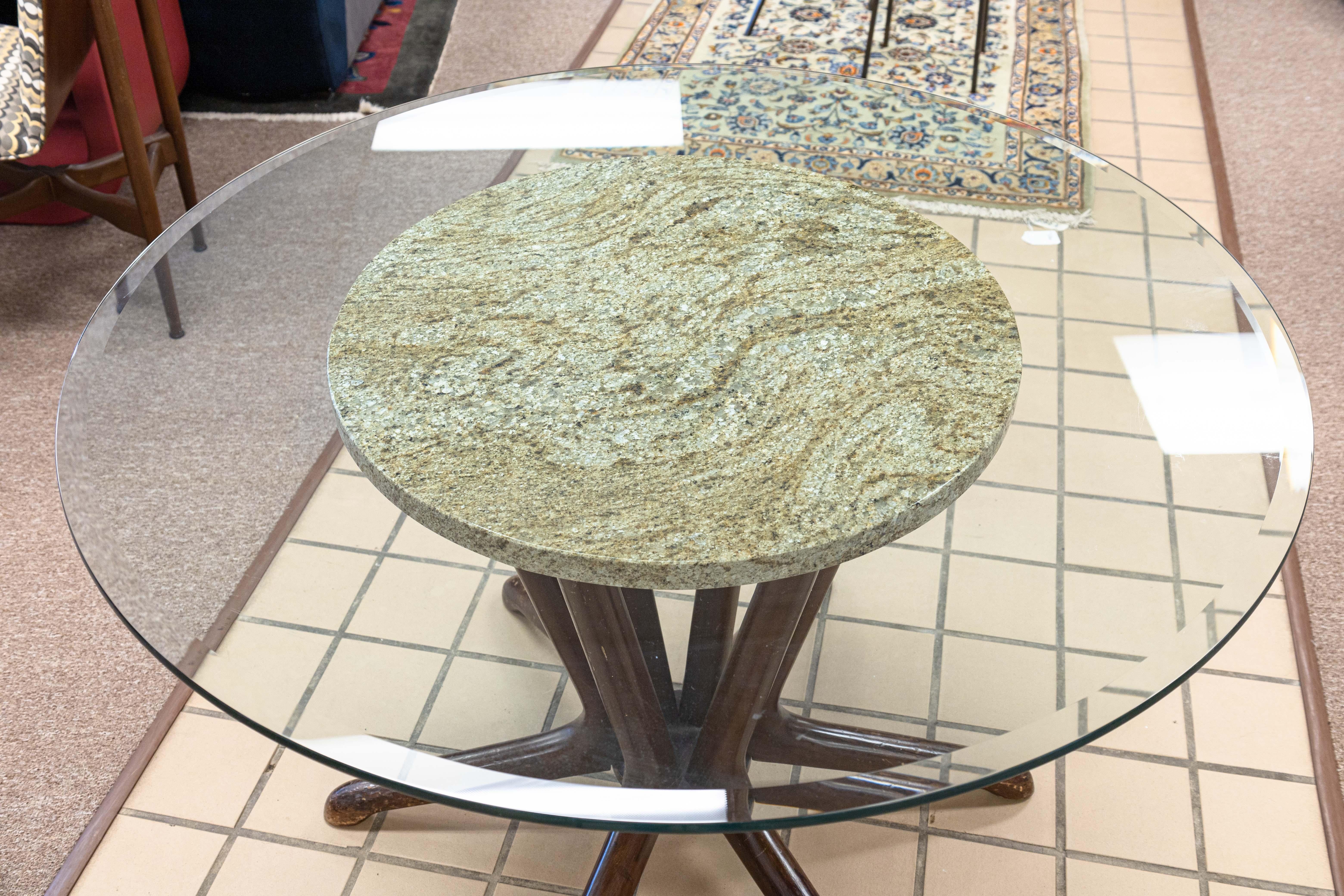 Mid-Century Modern Kodawood Walnut Marble Glass Dinnette Table and 4 Walnut Bentwood Dining Chairs