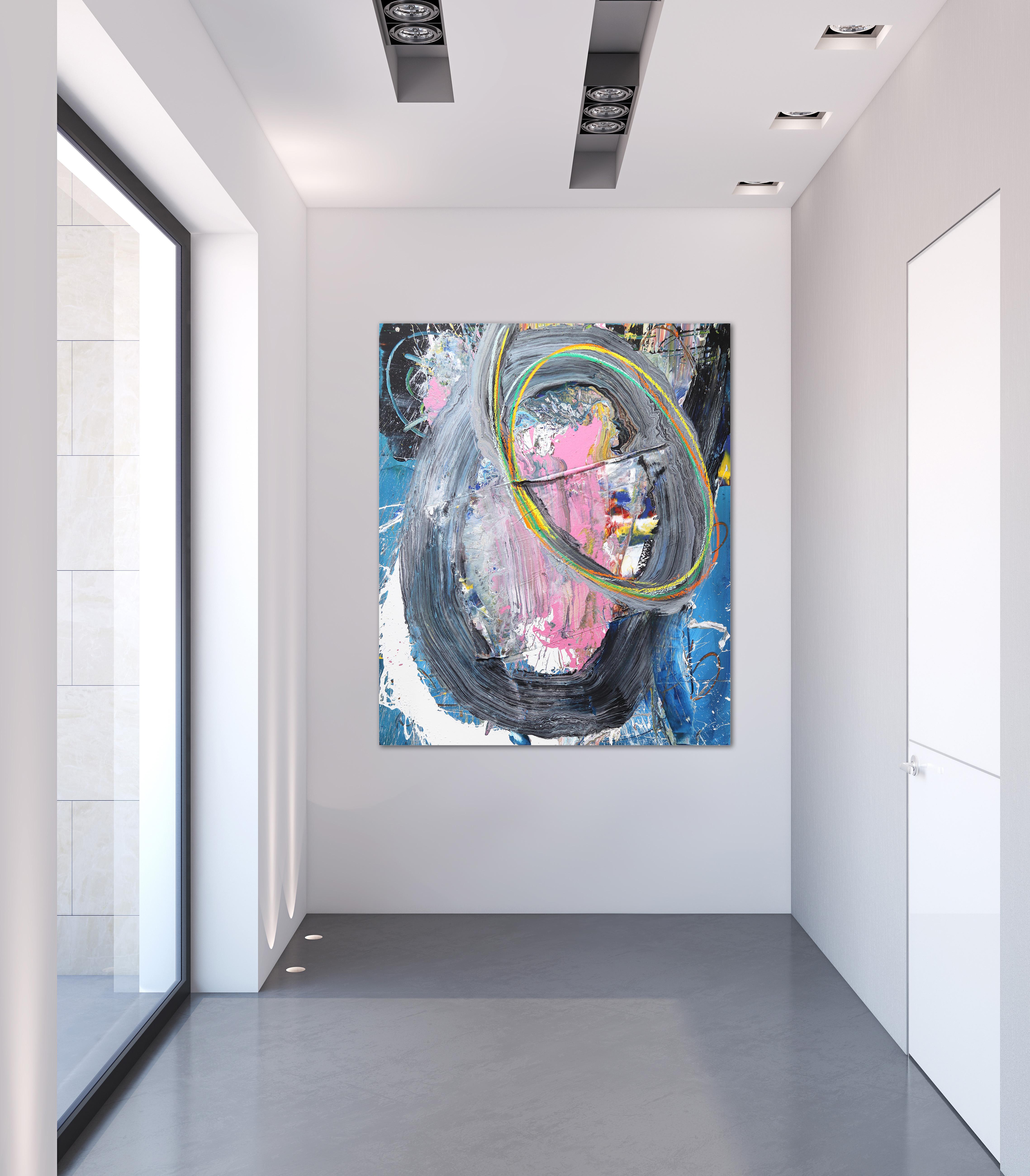 This large textural abstract energetic artwork on canvas by Togolese artist Olympio is a unique mixed media painting with a raw and direct aesthetic, providing an unfiltered manifestation of the artist's soul. Its expressive brushstrokes and vibrant