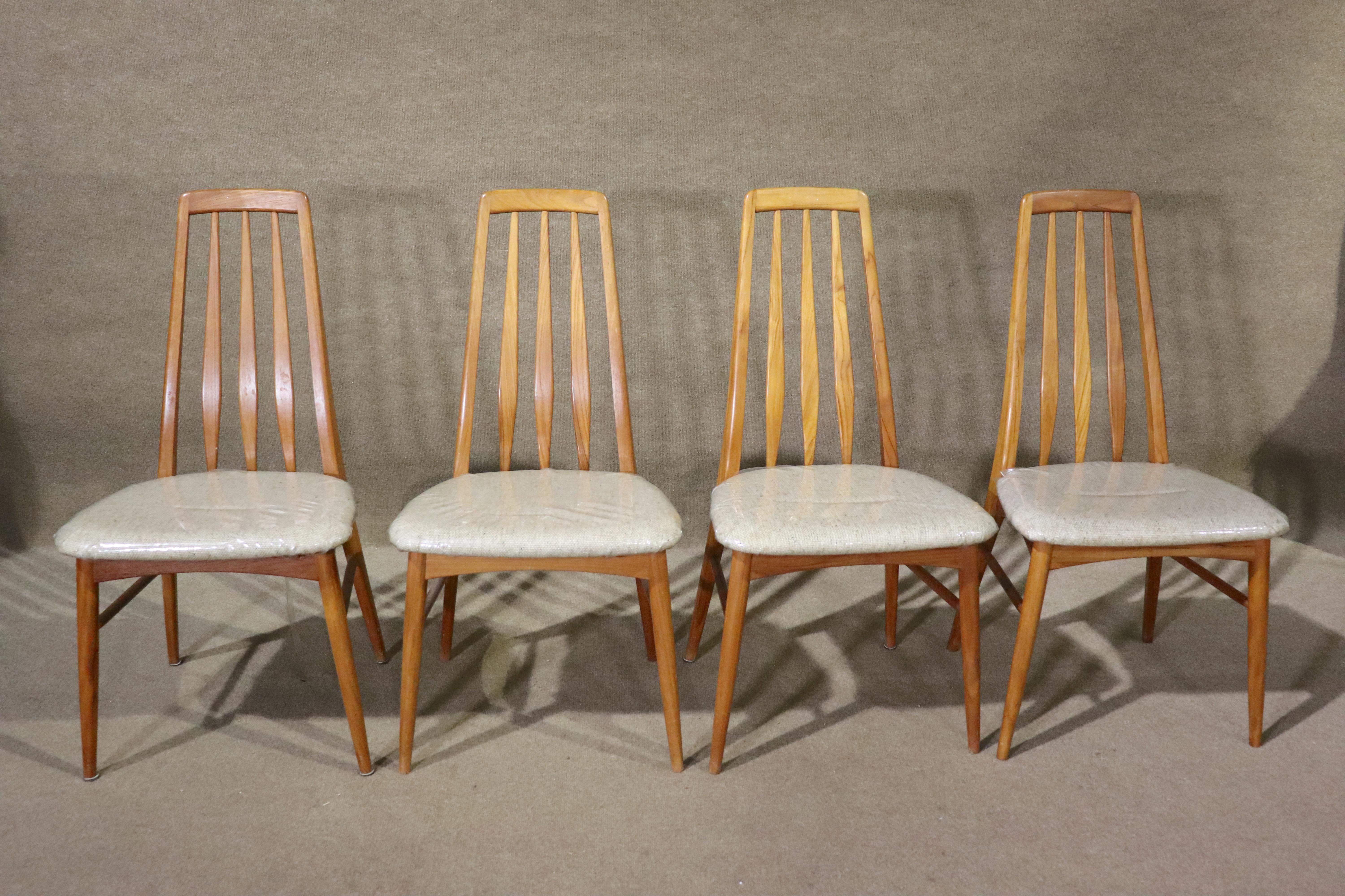 Set of six Danish made tall back dining chairs by Koefoeds Hornslet. Two arm chairs and four side chairs with smooth teak wood frames.
Side chairs: 37.5h, 19w, 21d
Armchairs: 37.5h, 20.75w, 21h
Please confirm location NY or NJ