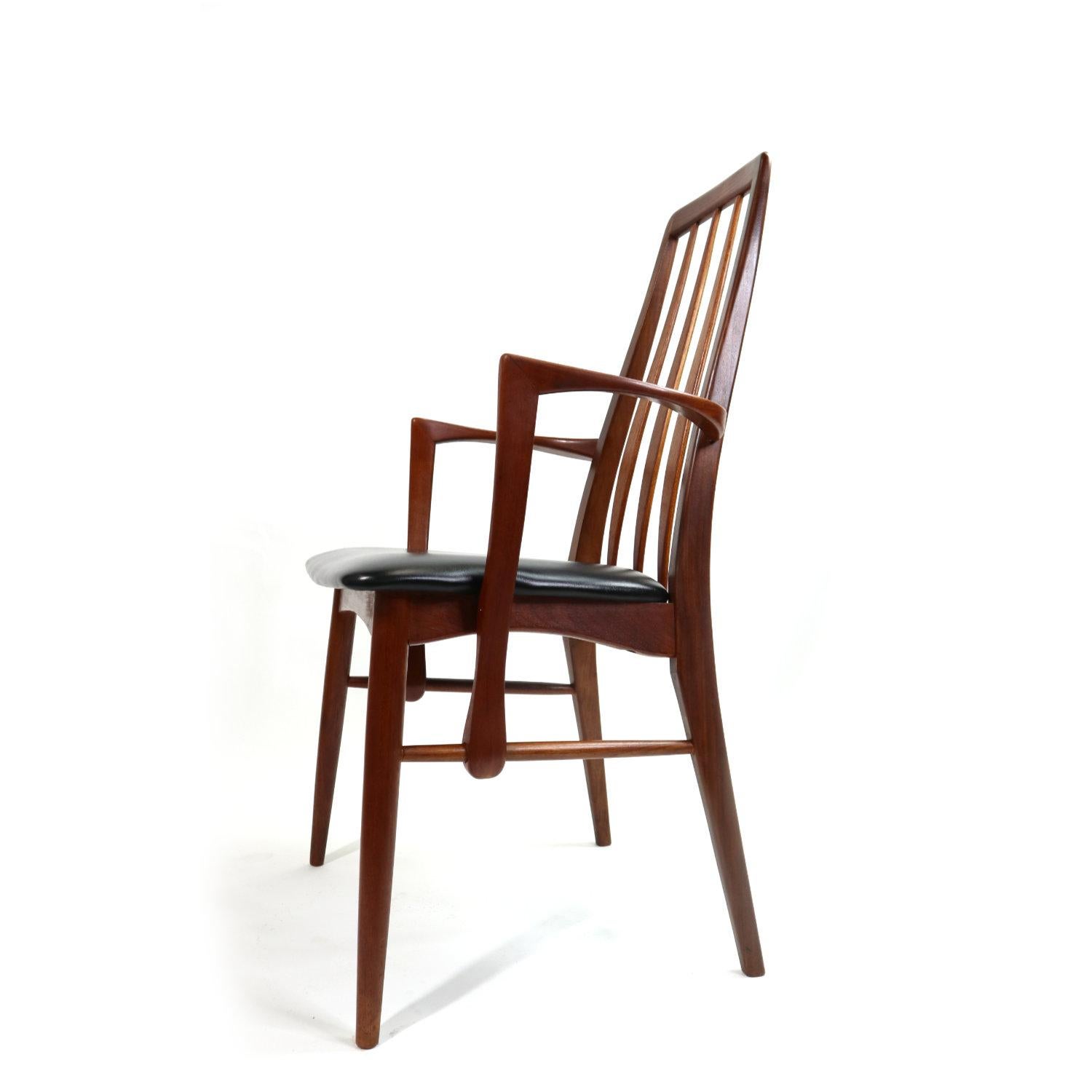 This stunning set of six teak 'Eva' dining chairs was designed by Niels Koefoed for Koefoeds Hornslet, circa 1964. These lightweight, but well built and sturdy beauties possess a solid teak frame with gently arched backs which give ergonomic