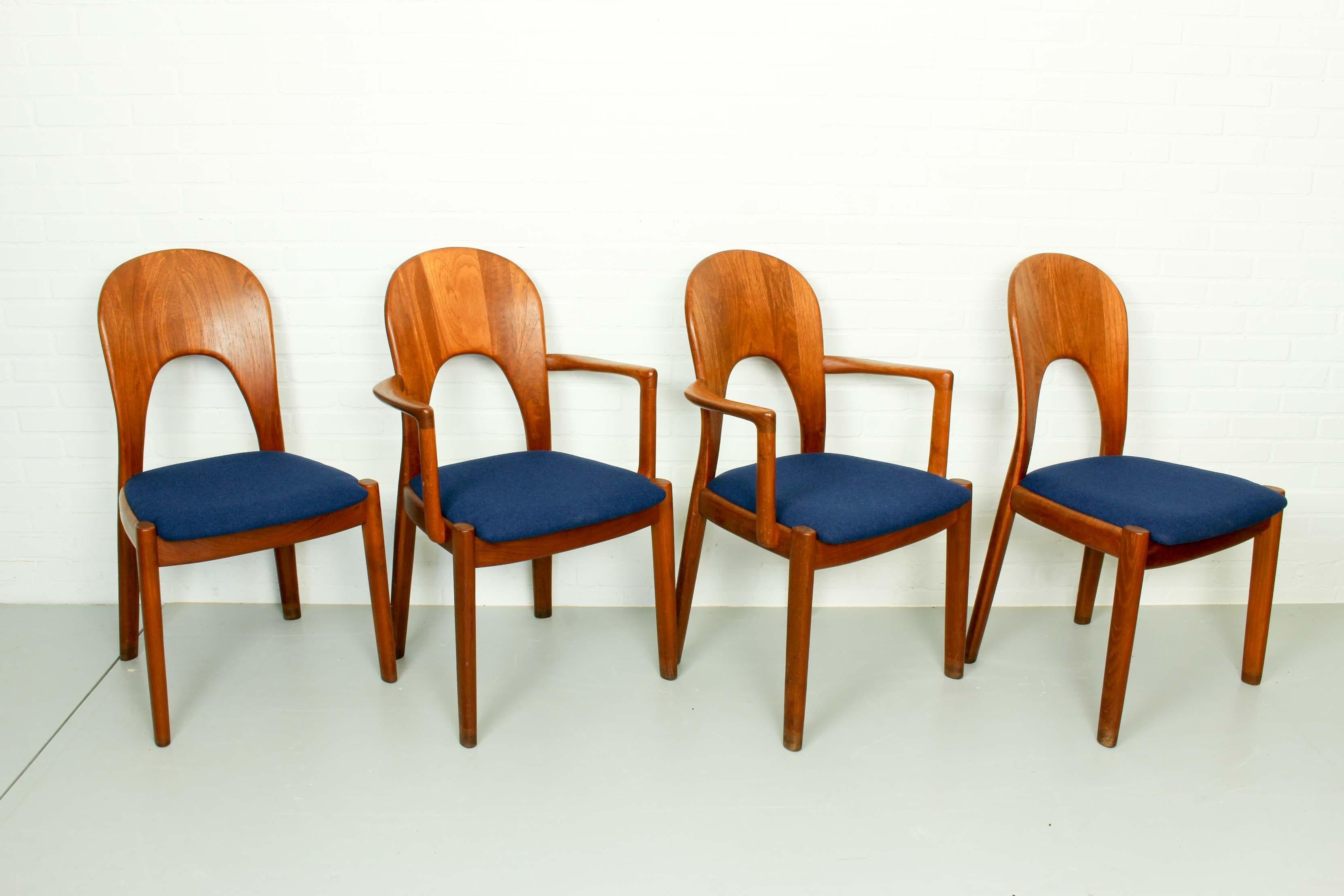 Midcentury Danish dining chairs model “Morten” designed by Niels Koefoed for Koefoeds Hornslet. The set was made in the 1960s. The chairs are in excellent condition with new Kvadrat Tonica upholstery. The chairs are solid teak throughout. Two chairs