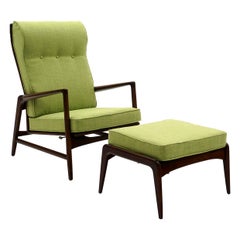 Kofod Larsen Adjustable Back Lounge Chair with Ottoman New Lime Green Upholstery