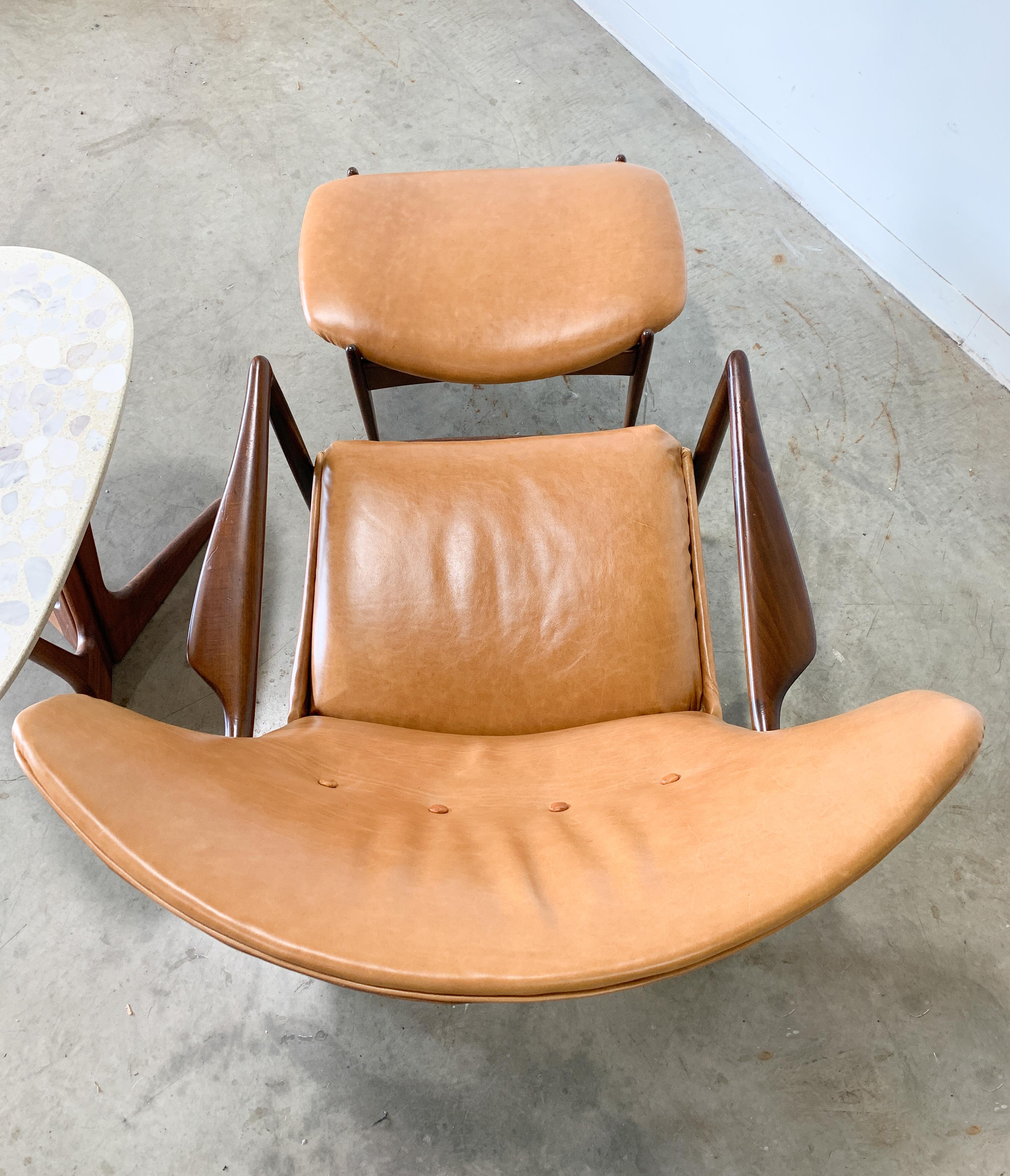 Leather Kofod Larsen Danish Modern Fan Back Chair and Ottoman for Selig