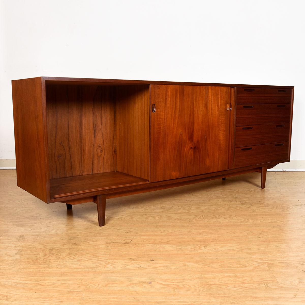 Kofod-Larsen Danish Teak Long Sliding Door Sideboard with Drawers For Sale 1