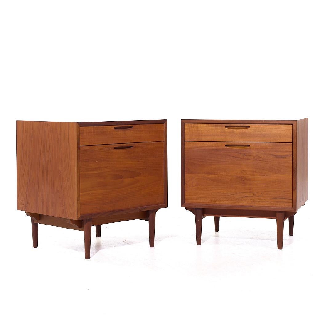 Kofod Larsen for Selig Mid Century Danish Teak Nightstands - Pair

Each nightstand measures: 21.75 wide x 17.75 deep x 23.75 inches high

All pieces of furniture can be had in what we call restored vintage condition. That means the piece is restored