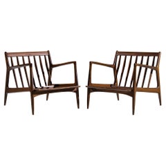 Kofod Larsen for Selig Mid Century Danish Walnut Lounge Chairs - Pair