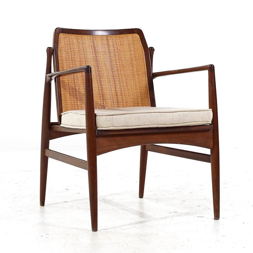 Danish Kofod Larsen for Selig Mid Century Walnut and Cane Lounge Chairs - Pair For Sale