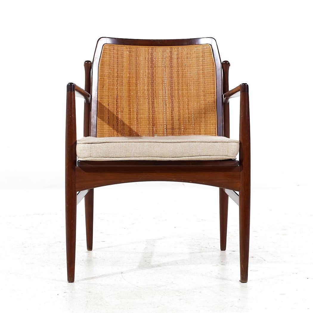 Kofod Larsen for Selig Mid Century Walnut and Cane Lounge Chairs - Pair In Good Condition For Sale In Countryside, IL
