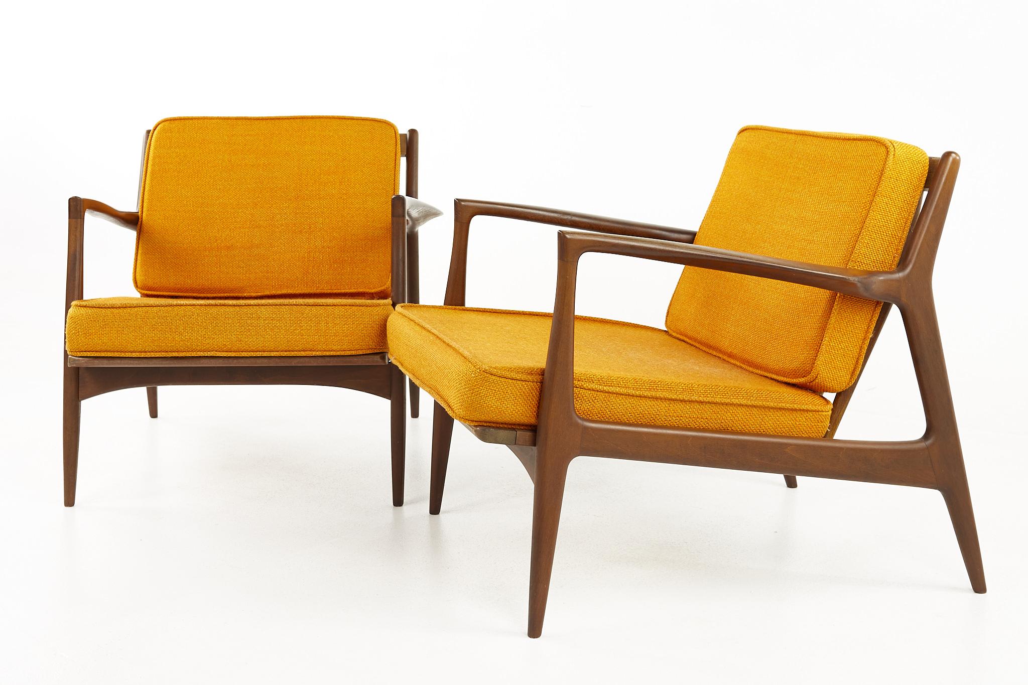 Mid-Century Modern Kofod Larsen for Selig Mid Century Walnut Lounge Chairs, a Pair