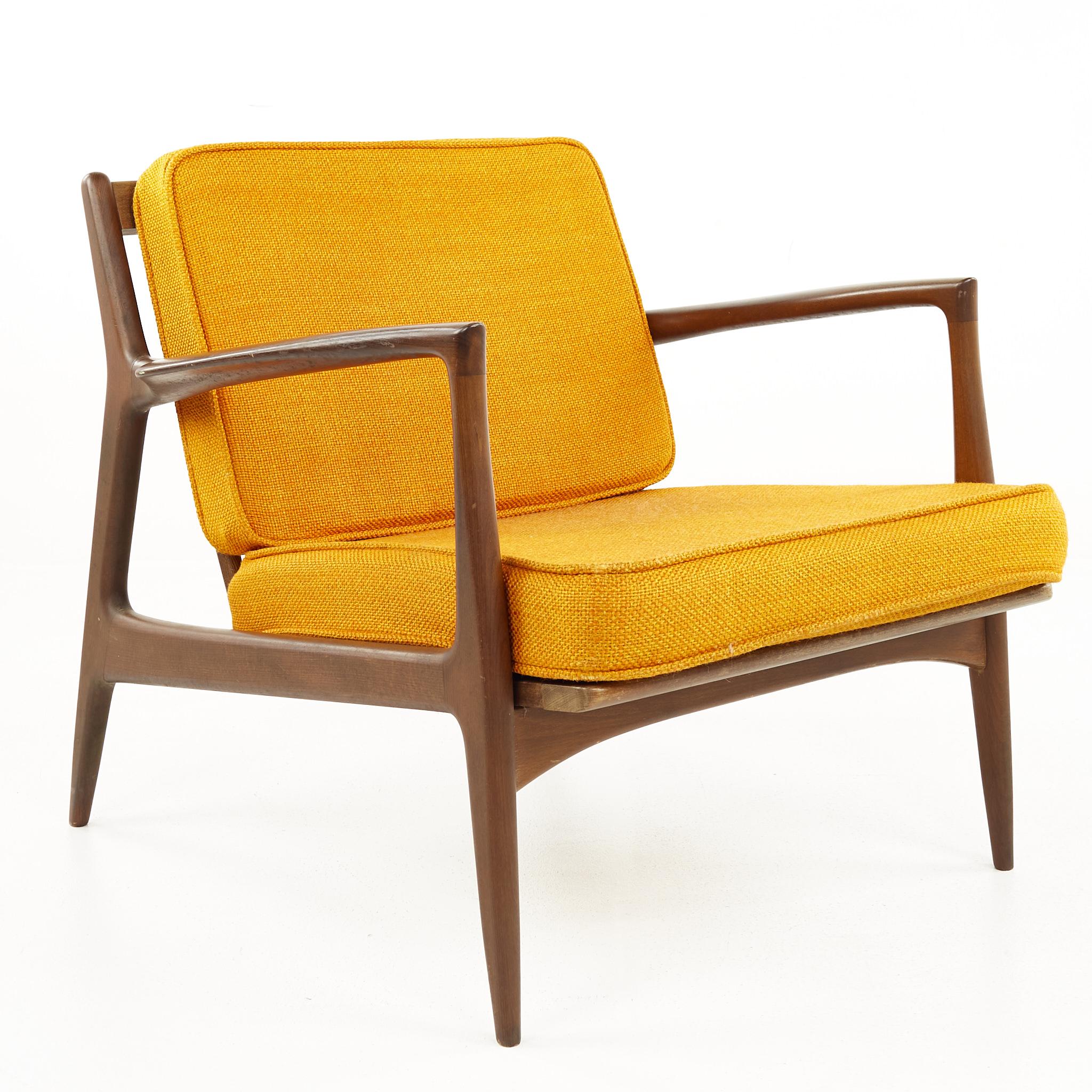 Danish Kofod Larsen for Selig Mid Century Walnut Lounge Chairs, a Pair