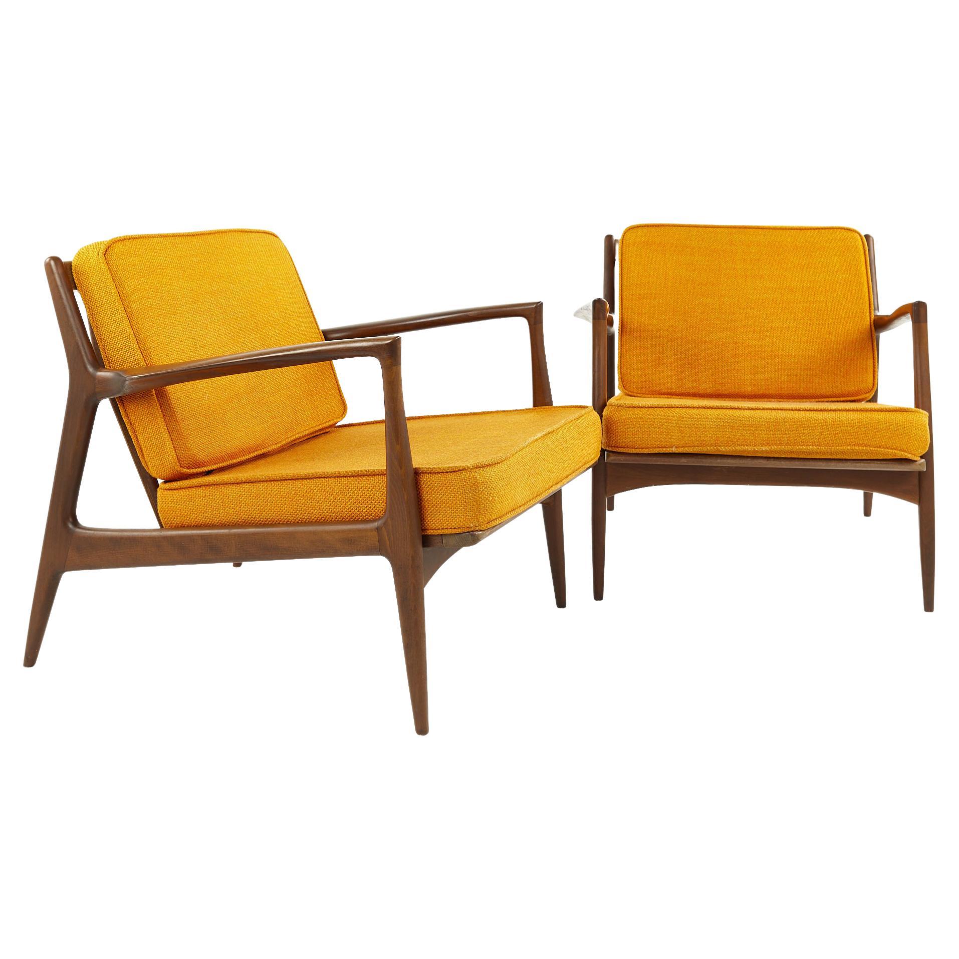 Kofod Larsen for Selig Mid Century Walnut Lounge Chairs, a Pair