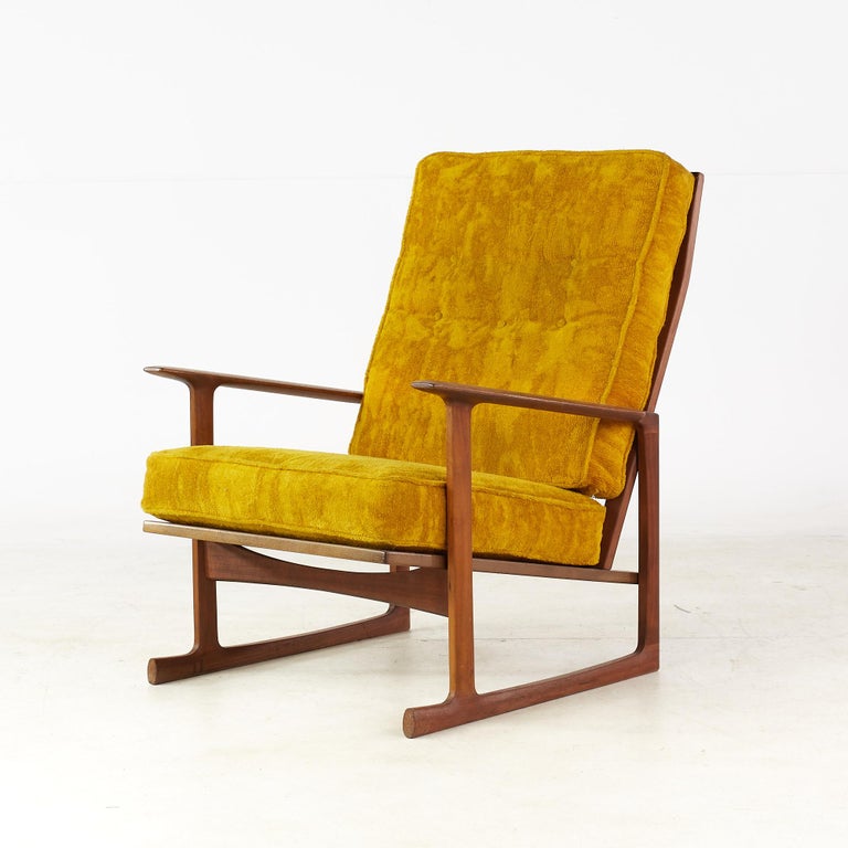 Mid-Century Modern Kofod Larsen for Selig Mid Century Walnut Sleigh Leg High Back Lounge Chair For Sale