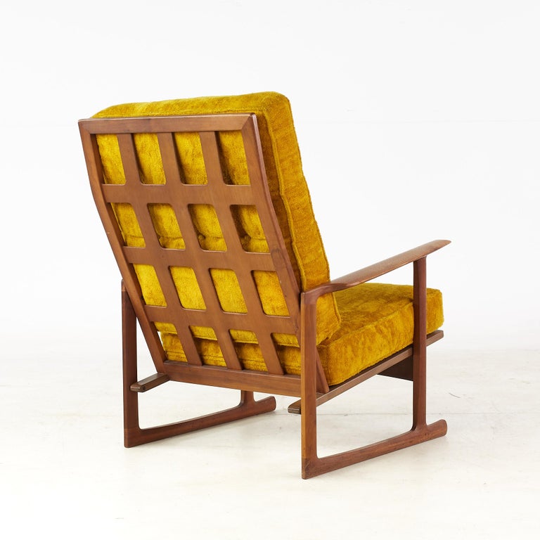 Danish Kofod Larsen for Selig Mid Century Walnut Sleigh Leg High Back Lounge Chair For Sale