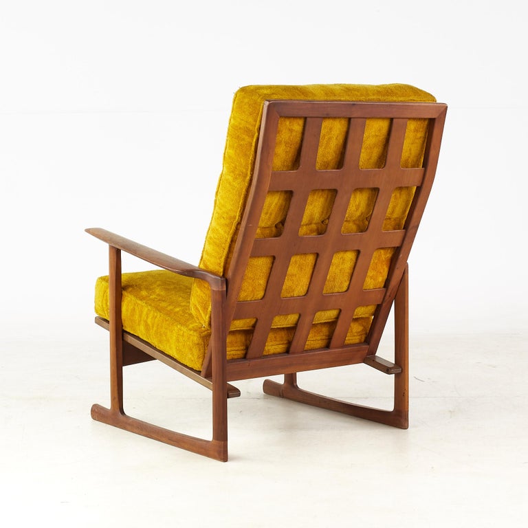 Late 20th Century Kofod Larsen for Selig Mid Century Walnut Sleigh Leg High Back Lounge Chair For Sale