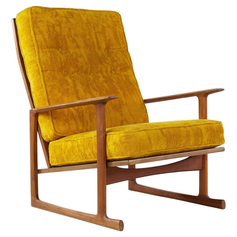 Kofod Larsen for Selig Mid Century Walnut Sleigh Leg High Back Lounge Chair For Sale
