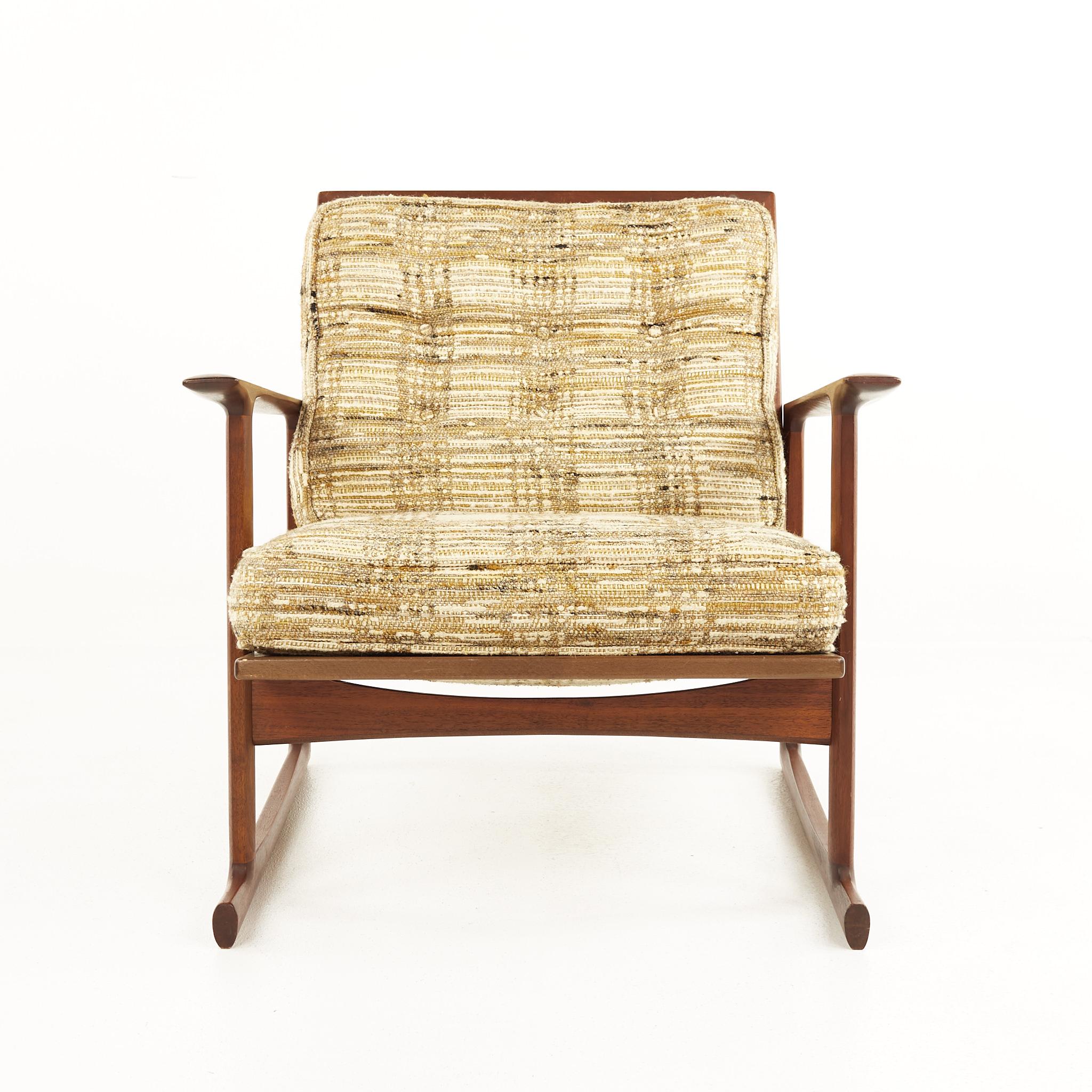 Mid-Century Modern Kofod Larsen for Selig Mid Century Teak Sleigh Leg Lounge Chairs - A Pair