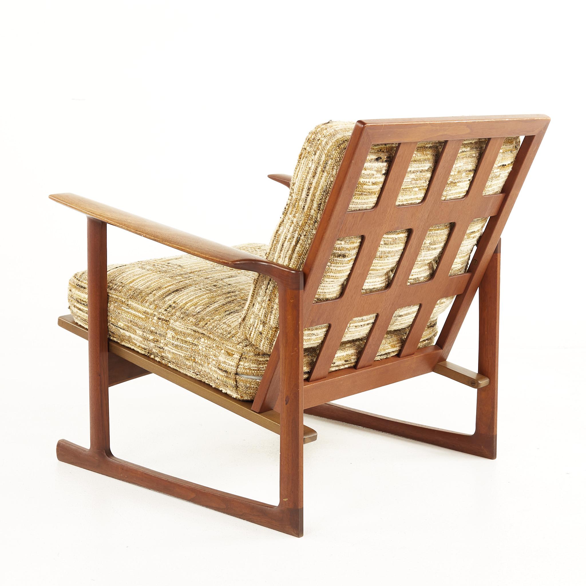 Upholstery Kofod Larsen for Selig Mid Century Teak Sleigh Leg Lounge Chairs - A Pair