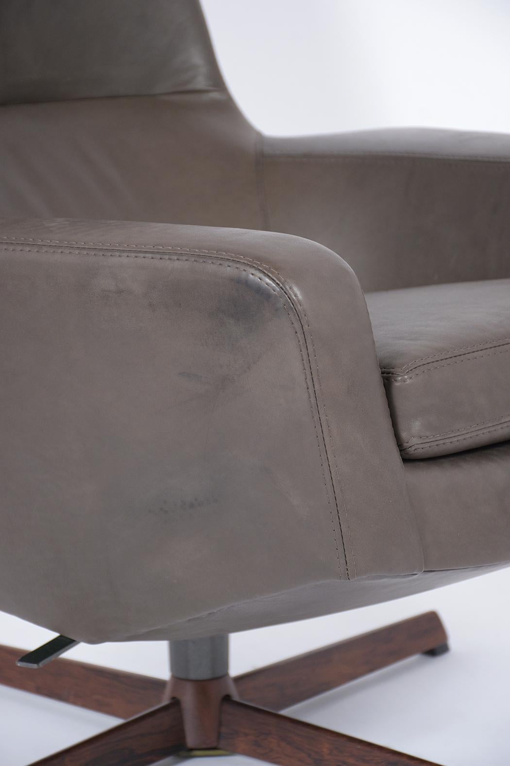 Lacquer Restored Vintage Ib Kofod-Larsen Swivel Lounge Chair & Ottoman in Grey Leather For Sale