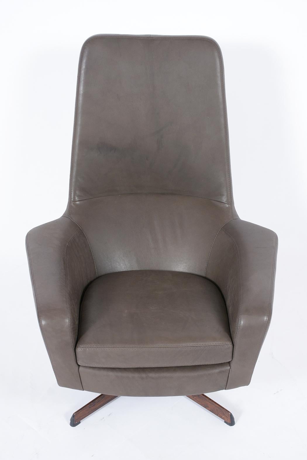 Dyed Restored Vintage Ib Kofod-Larsen Swivel Lounge Chair & Ottoman in Grey Leather For Sale
