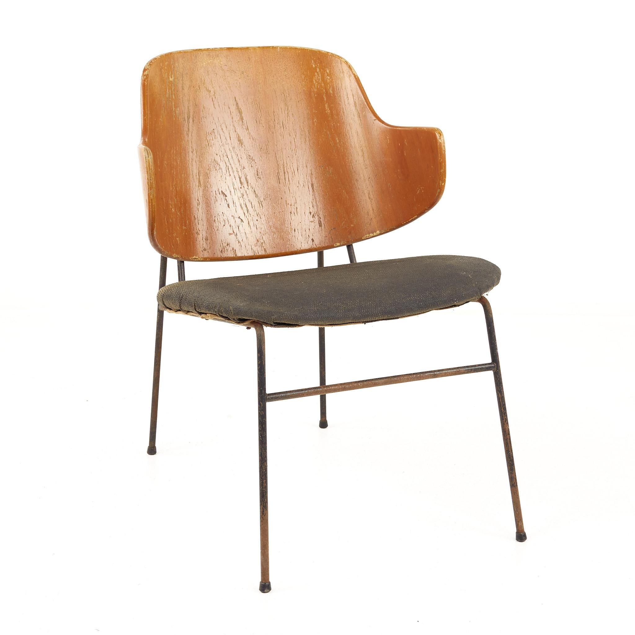 Danish Kofod Larsen Mid Century Penguin Wrought Iron and Bent Plywood Dining Chairs, S For Sale
