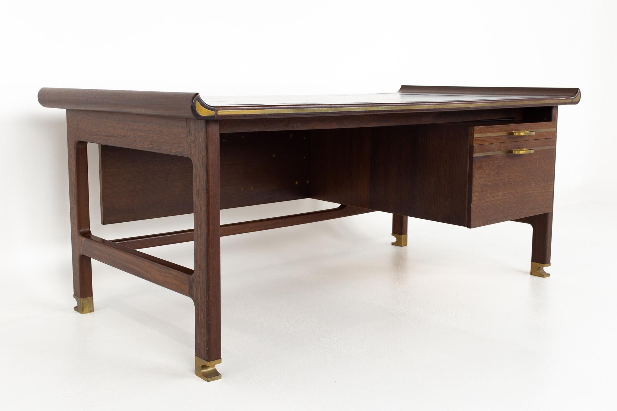 Kofod Larsen Selig Megiddo Queen Sheba African Wenge Wood Brass Exec Desk In Good Condition In Countryside, IL