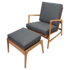 Kofod-Larsen Style Walnut Lounge Chair and Ottoman with Adjustable Recline