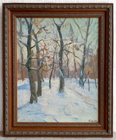 Winter Landscape Painting Framed Vintage Oil Canvas Snow Art by Kogan-Shats M.