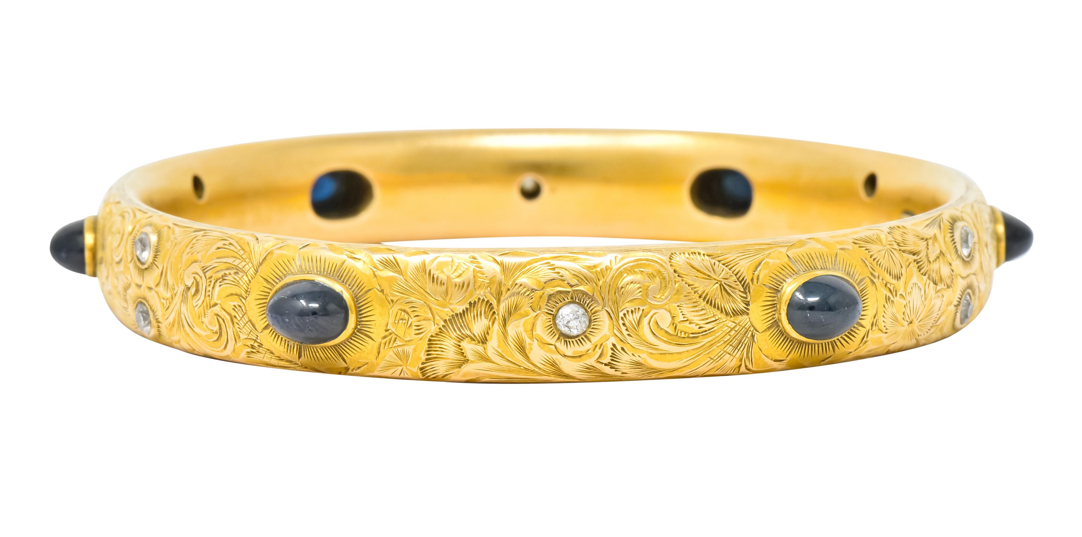 Kohn 1890s Victorian Diamond Sapphire 14 Karat Gold Floral Bangle Bracelet In Excellent Condition In Philadelphia, PA
