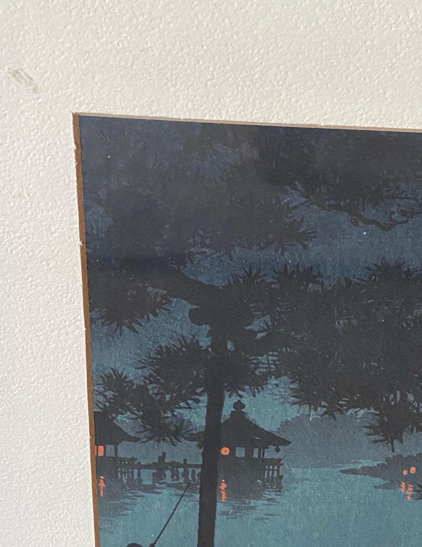 Giapponese Koho Shoda firmato Stampa su blocco di legno giapponese dei primi anni Showa Notte stellata sul lago Biwa in vendita