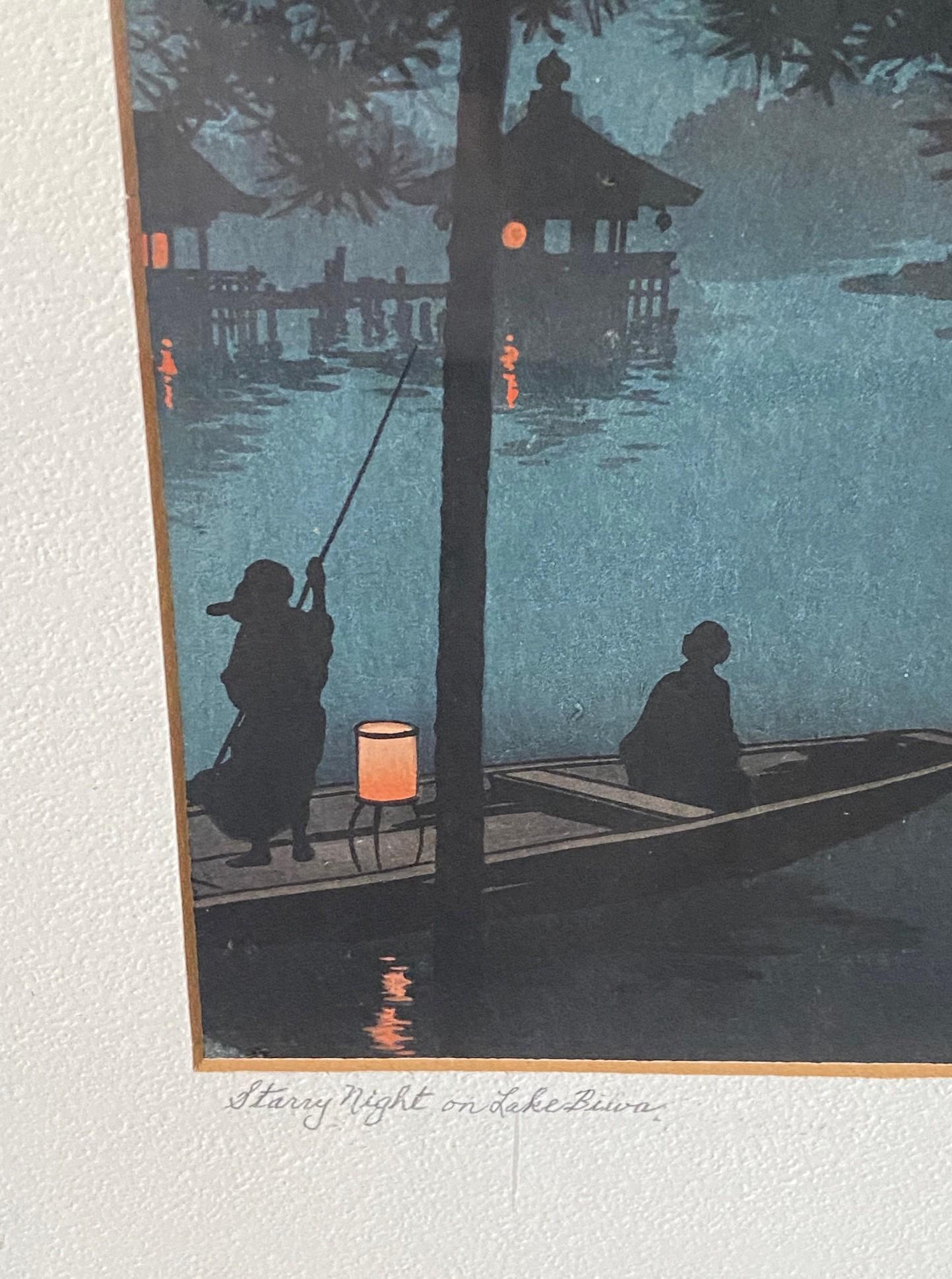 Carta Koho Shoda firmato Stampa su blocco di legno giapponese dei primi anni Showa Notte stellata sul lago Biwa in vendita